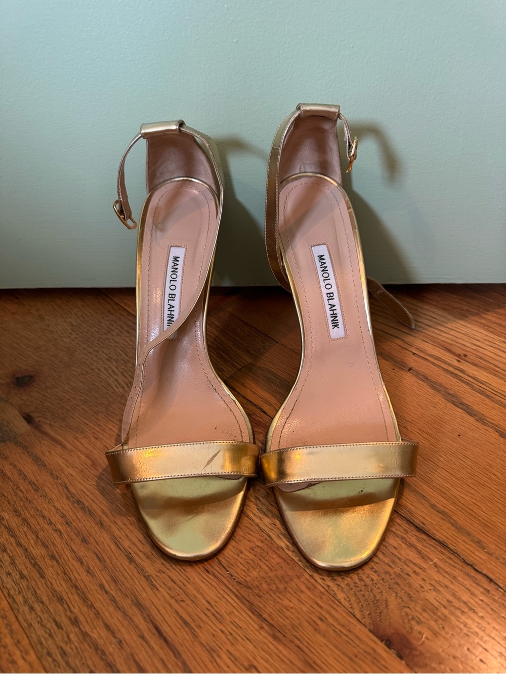 Manolo Blahnik Metallic Gold Open-Toe Ankle-Strap Heels